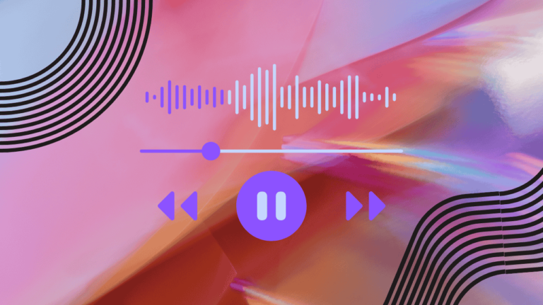 Abstract art of pink, purple, blue and orange hues with black lines and a purple playlist icon in the centre.